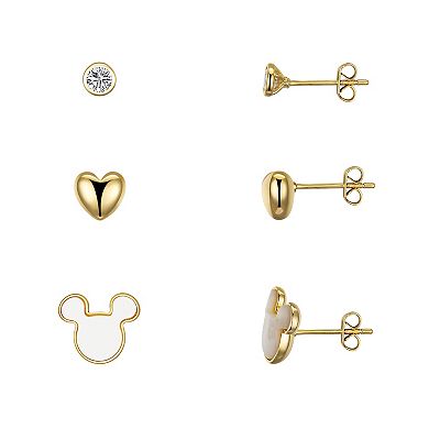 Disney 14k Gold Flash Plated Cubic Zirconia Stud, Plain Heart & Mother-of-Pearl Mickey Stud Earring Set