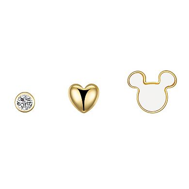 Disney 14k Gold Flash Plated Cubic Zirconia Stud, Plain Heart & Mother-of-Pearl Mickey Stud Earring Set