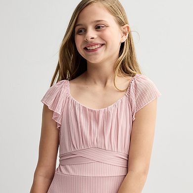 Girls 7-16 Inspired Hearts Ruffle Sleeve Shadow Stripe Mesh Crossover Waist Dress