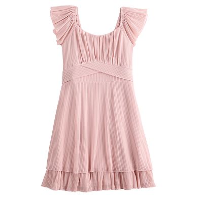 Girls 7-16 Inspired Hearts Ruffle Sleeve Shadow Stripe Mesh Crossover Waist Dress