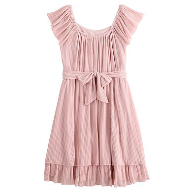 Girls 7-16 Inspired Hearts Ruffle Sleeve Shadow Stripe Mesh Crossover Waist Dress
