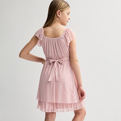 Girls 7-16 Inspired Hearts Ruffle Sleeve Shadow Stripe Mesh Crossover Waist Dress