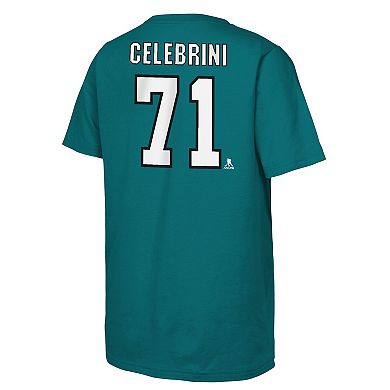 Youth Macklin Celebrini Teal San Jose Sharks Player Name & Number T-Shirt