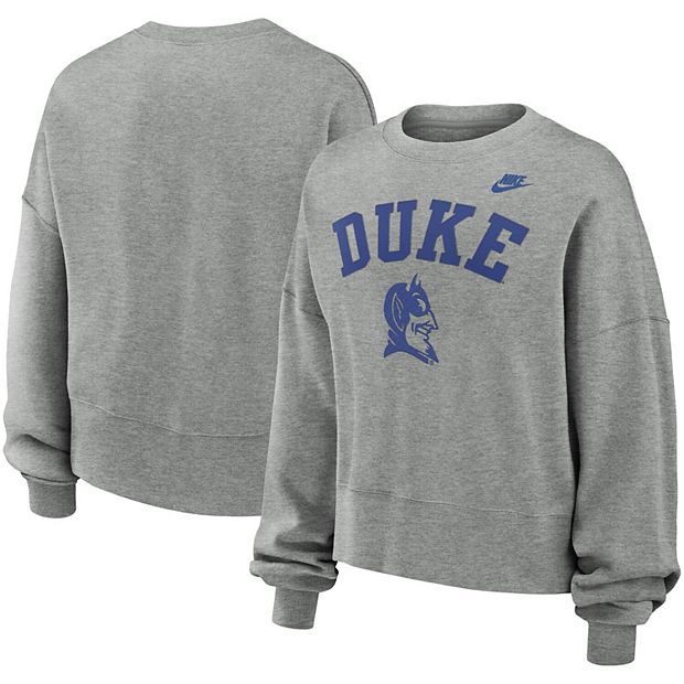 Women s Nike Heather Gray Duke Blue Devils Legacy Fleece Classic Arch Oversized Cropped Tackle Twill Sweatshirt