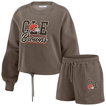 Women's WEAR by Erin Andrews Brown Cleveland Browns Washed Fleece Long Sleeve T-Shirt & Shorts Lounge Set