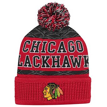 Youth Chicago Blackhawks Red Puck Pattern Cuffed Knit Hat with Pom