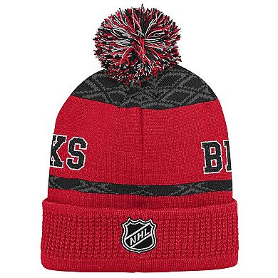 Youth Chicago Blackhawks Red Puck Pattern Cuffed Knit Hat with Pom