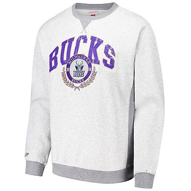 Men's Mitchell & Ness Heather Gray Milwaukee Bucks Vintage Logo Pullover Sweatshirt