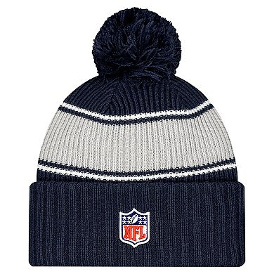 Youth New Era Navy Dallas Cowboys 2024/25 Sideline Cuffed Knit Hat with Pom