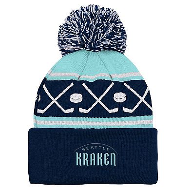 Preschool Deep Sea Blue Seattle Kraken Faceoff Cuffed Knit Hat with Pom