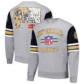 Men's Mitchell & Ness Heather Gray New Orleans Saints All Over 4.0 Vintage Logo Pullover Sweatshirt