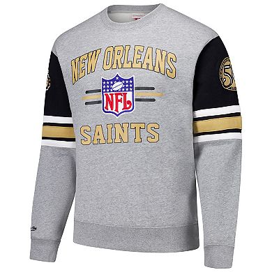 Men's Mitchell & Ness Heather Gray New Orleans Saints All Over 4.0 Vintage Logo Pullover Sweatshirt