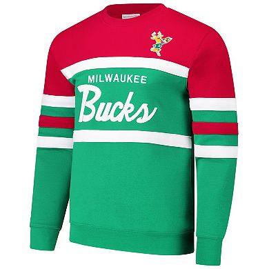 Men's Mitchell & Ness Green/Red Milwaukee Bucks Hardwood Classics Vintage Logo Head Coach Pullover Sweatshirt