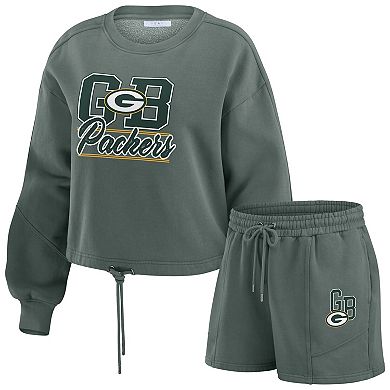 Women's WEAR by Erin Andrews Green Green Bay Packers Washed Fleece Long Sleeve T-Shirt & Shorts Lounge Set