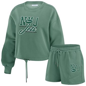 Women's WEAR by Erin Andrews Green New York Jets Washed Fleece Long Sleeve T-Shirt & Shorts Lounge Set