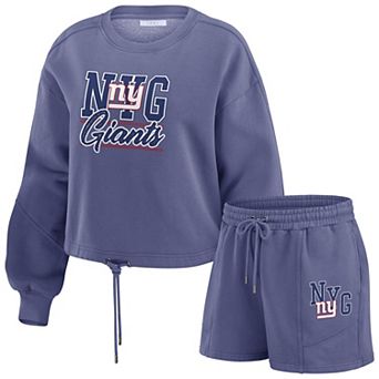 Women's WEAR by Erin Andrews Royal New York Giants Washed Fleece Long Sleeve T-Shirt & Shorts Lounge Set