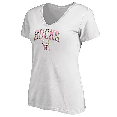 Women's White Milwaukee Bucks Floral Arch V-Neck T-Shirt