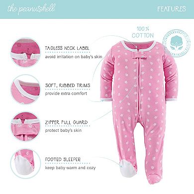The Peanutshell Floral Love Footed Baby Sleepers for Girls, 3 Pack