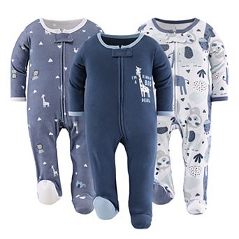The Peanutshell Blue Safari Footed Baby Sleepers for Boys, 3 Pack