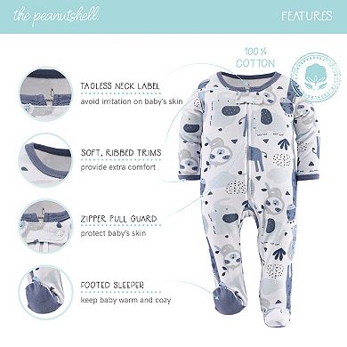 The Peanutshell Blue Safari Footed Baby Sleepers for Boys, 3 Pack