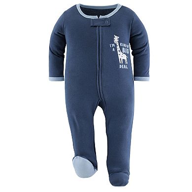 The Peanutshell Blue Safari Footed Baby Sleepers for Boys, 3 Pack