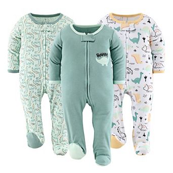 The Peanutshell Green Dino Footed Baby Sleepers for Boys, 3 Pack