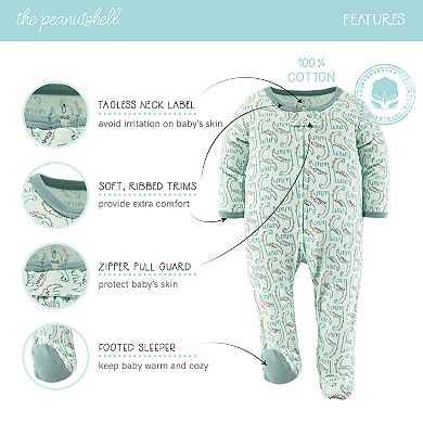 The Peanutshell Green Dino Footed Baby Sleepers for Boys, 3 Pack