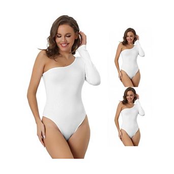 3 Packs Womens One Piece Bodysuit One Shoulder Stretchy Long Sleeve Bodycon Leotard Jumpsuit