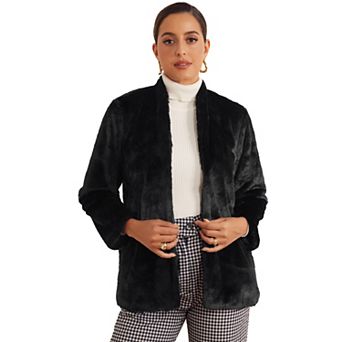 Faux Fur Coat For Women's With Pockets Long Sleeve Open Front Fluffy Jackets