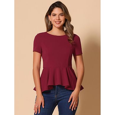 Women's Short Sleeve Round Neck Stretch Business Classic Peplum Blouse Top