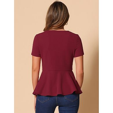 Women's Short Sleeve Round Neck Stretch Business Classic Peplum Blouse Top