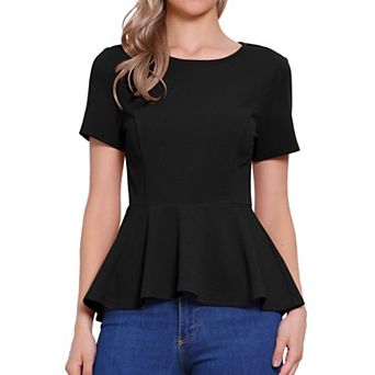 Women's Short Sleeve Round Neck Stretch Business Classic Peplum Blouse Top
