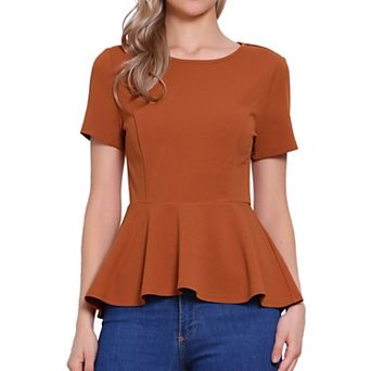 Women's Short Sleeve Round Neck Stretch Business Classic Peplum Blouse Top