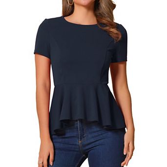 Women's Short Sleeve Round Neck Stretch Business Classic Peplum Blouse Top