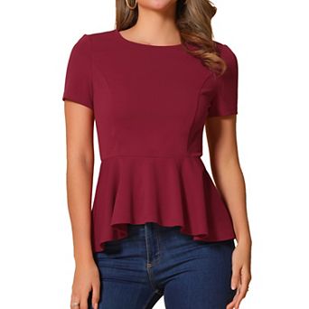 Women's Short Sleeve Round Neck Stretch Business Classic Peplum Blouse Top