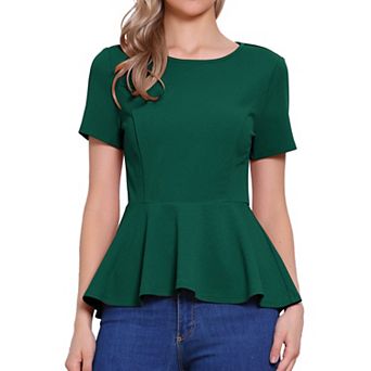 Women's Short Sleeve Round Neck Stretch Business Classic Peplum Blouse Top