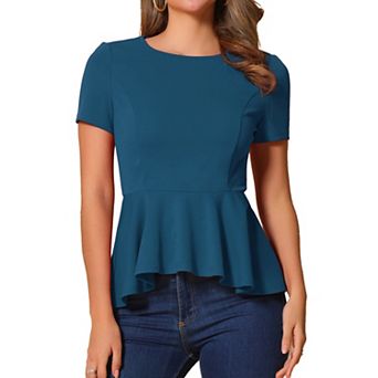 Women's Short Sleeve Round Neck Stretch Business Classic Peplum Blouse Top