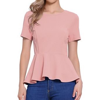 Women's Short Sleeve Round Neck Stretch Business Classic Peplum Blouse Top