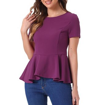 Women's Short Sleeve Round Neck Stretch Business Classic Peplum Blouse Top