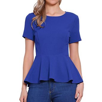 Women's Short Sleeve Round Neck Stretch Business Classic Peplum Blouse Top