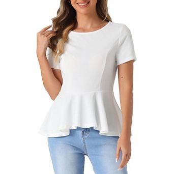 Women's Short Sleeve Round Neck Stretch Business Classic Peplum Blouse Top