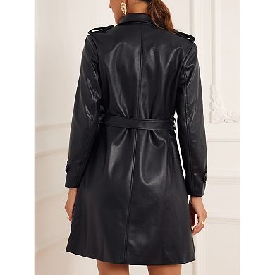 Faux Leather Long Jacket For Women's Lapel Slim Fit Long Sleeve Zip Coat