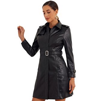 Faux Leather Long Jacket For Women's Lapel Slim Fit Long Sleeve Zip Coat