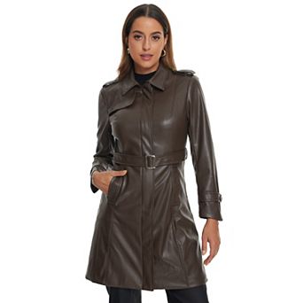 Faux Leather Long Jacket For Women's Lapel Slim Fit Long Sleeve Zip Coat