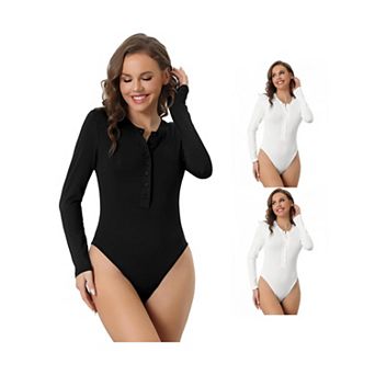 3 Packs Women's Full Bodysuit Button Crew Neck Long Sleeve Bodycon Romper Stretchy Jumpsuit