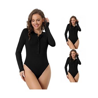 3 Packs Womens Full Bodysuit Button Crew Neck Long Sleeve Bodycon Romper Stretchy Jumpsuit