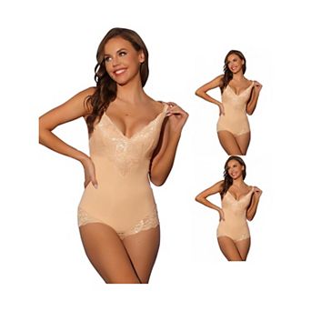 3 Packs Womens Lace Shapewear Bodysuit Adjustable Straps Tummy Control Backless V Neck