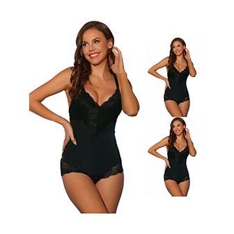 3 Packs Womens Lace Shapewear Bodysuit Adjustable Straps Tummy Control Backless V Neck