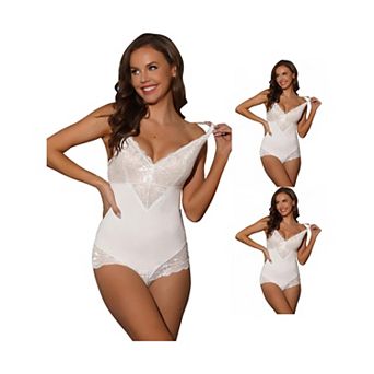 3 Packs Womens Lace Shapewear Bodysuit Adjustable Straps Tummy Control Backless V Neck