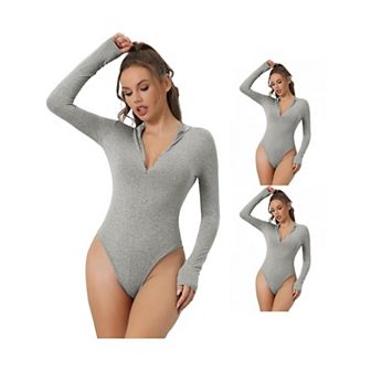 3 Packs Zip Front Bodysuit For Womens Casual Stand Neck Long Sleeve Slimming Going Out Tops